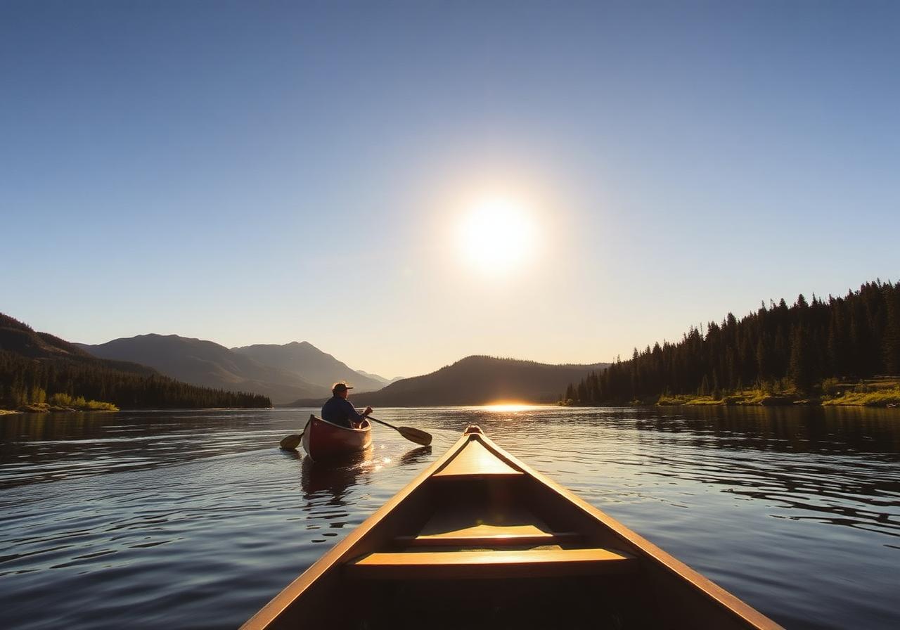 Canoeists on calm Yukon water in low golden light