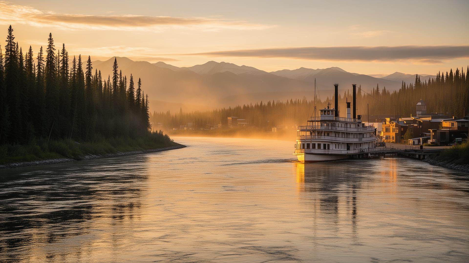 The Yukon River winding past Whitehorse in warm evening light