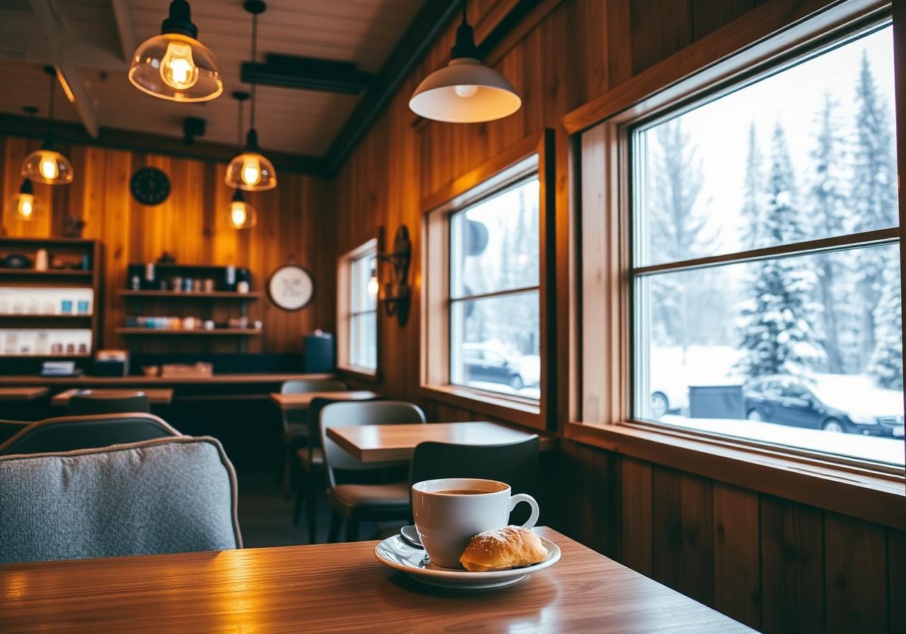 A warm wood-lined café looking out toward snowy trees