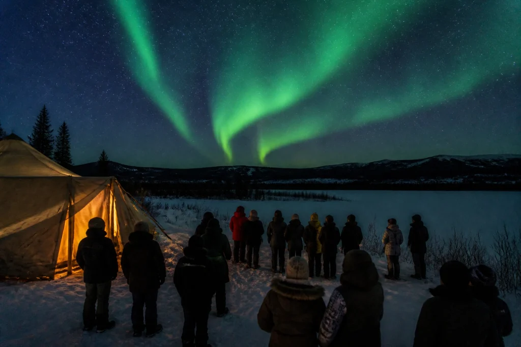 Guided northern lights viewing beside a heated shelter near Whitehorse
